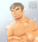  1boy abs bara blush body_hair brown_hair chest_hair facial_hair kengo_(tokyo_houkago_summoners) looking_at_viewer male_focus muscle nipples no_nipples nude pectorals short_hair sideburns smile solo stubble thick_eyebrows tokyo_houkago_summoners upper_body yanutorie 