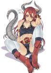  1girl armband bare_shoulders blush brown_eyes collarbone dated dragon_girl dragon_horns dragon_tail fangs fangs_out hair_between_eyes highres horns kuma_(jk0073) light_blush long_hair original parted_lips pointy_ears red_footwear red_hair signature simple_background sitting solo tail torn torn_clothes torn_legwear white_background zipper zipper_pull_tab 