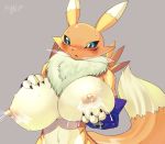  anthro big_breasts black_sclera blue_eyes blush bodily_fluids breasts canid canine claws digimon digimon_(species) female fur hand_on_breast hi_res holding_breast huge_breasts lactating mammal milk navel nipples open_mouth projectile_lactation renamon simple_background solo sweat syourinbonzu white_body white_fur yellow_body yellow_fur 