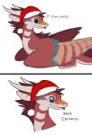  ambiguous_gender blue_tongue brown_hair christmas christmas_clothing christmas_headwear clothing comic dragon feathered_dragon feathered_wings feathers feral hair hat headgear headwear hi_res holidays horn meme santa_hat sepiapaws simple_background solo tongue white_background wings 