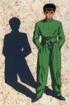  1990s_(style) 1boy black_footwear black_hair brown_eyes full_body hands_in_pockets long_sleeves official_art school_uniform shadow short_hair smile solo standing urameshi_yuusuke yuu_yuu_hakusho 