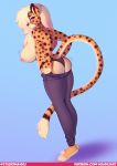  alexandra_(velocitycat) anthro areola big_breasts black_nose blonde_hair blue_background bottomwear breasts brown_body brown_fur butt cheetah clothed clothing denim denim_clothing dipstick_tail dressing facial_markings felid feline female fur hair hair_over_eye head_markings huge_breasts jeans long_hair looking_back mammal markings motion_lines multicolored_body multicolored_fur multicolored_tail nipple_piercing nipples one_eye_obstructed panties pants piercing pink_areola pink_nipples plantigrade purple_eyes shadow signature simple_background solo standing text topless tsudamaku two_tone_body two_tone_fur underwear url yellow_body yellow_fur 