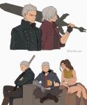  1girl 3boys asaya_minoru black_coat black_footwear black_pants black_shirt blue_jacket blue_shorts boots brown_footwear brown_jacket brown_shirt coat collared_shirt copyright_request crop_top cropped_torso cup dante_(devil_may_cry) devil_may_cry devil_may_cry_5 drinking_glass facial_hair grey_background grey_eyes grey_hair grin holding holding_cup holding_sword holding_weapon hood hood_down hooded_jacket jacket knee_boots mechanical_arms midriff multiple_boys nero_(devil_may_cry) nico_(devil_may_cry) open_clothes open_jacket over_shoulder pants prosthesis prosthetic_arm shirt short_shorts shorts simple_background sleeveless sleeveless_shirt smile stubble sword sword_over_shoulder twitter_username upper_body v-shaped_eyebrows vergil weapon weapon_over_shoulder 