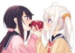  2girls absurdres ahoge apple bangs black_hair black_sailor_collar blush brown_sweater closed_mouth commentary_request eating eye_contact eyebrows_visible_through_hair food fruit hair_between_eyes hair_ornament hair_scrunchie hands_together highres holding holding_food holding_fruit long_hair long_sleeves looking_at_another low_ponytail multiple_girls nail_polish open_mouth orange_scrunchie original pink_nails pink_scarf pink_sweater ponytail profile purple_eyes red_apple sailor_collar scarf school_uniform scrunchie serafuku shared_food side_ponytail silver_hair simple_background sleeves_past_wrists sweat sweater upper_body upper_teeth white_background zero_(miraichizu) 