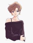  1girl bishoujo_senshi_sailor_moon blonde_hair earrings highres hoop_earrings jewelry looking_at_viewer off-shoulder_sweater off_shoulder purple_eyes sailor_uranus short_hair simple_background smile solo sweater ten&#039;ou_haruka twitter_username white_background y-yazaki2406 