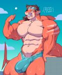  2019 5_fingers abs anthro biped blue_sky brown_hair bulge clothed clothing countershading day dialogue digital_media_(artwork) ear_piercing english_text eyewear fingers fish gesture goggles hair hi_res looking_at_viewer male marine muscular muscular_anthro muscular_male navel partial_nudity piercing shark sharp_teeth sky solo speedo swimwear sxfpantera teeth text thumbs_up topless 