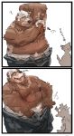 2020 absurd_res anthro belly bottomwear brown_body brown_fur clothing duo fur goro_(live-a-hero) hi_res iwbsb_kuma japanese_text kemono live-a-hero male mammal moobs musk overweight overweight_male pants text tongue tongue_out ursid video_games 
