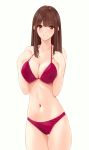  1girl absurdres bikini breasts brown_hair cleavage commentary_request highres large_breasts looking_at_viewer marui_koishi original red_bikini red_eyes sidelocks simple_background smile solo standing swimsuit thigh_gap white_background 