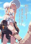  1boy 1girl abigail_williams_(fate/grand_order) abigail_williams_(swimsuit_foreigner)_(fate) bar_censor bikini bikini_top black_jacket blonde_hair blue_eyes blue_sky bonnet censored closed_mouth combat_s-ko commission erection fate/grand_order fate_(series) flaccid flat_chest forehead foreskin futa_with_male futanari heart highres jacket large_penis long_hair navel penis penis_and_testicles_touching phimosis sitting skeb_commission sky sleeves_past_fingers sleeves_past_wrists smile solo_focus standing swimsuit testicles very_long_hair white_headwear 