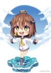  1girl blue_sailor_collar blue_sky brown_eyes brown_hair chibi cloud commentary_request day dress english_commentary headgear headset kantai_collection mixed-language_commentary neckerchief open_mouth outdoors outstretched_arms roshi_chen round_teeth sailor_collar sailor_dress short_hair sky smile solo speaking_tube_headset teeth upper_teeth yellow_neckwear yukikaze_(kantai_collection) 
