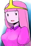  1girl adventure_time black_eyes breasts colored_skin dress long_hair misonou_hirokichi no_pupils open_mouth pink_hair pink_skin princess_bonnibel_bubblegum simple_background smile solo tiara very_long_hair 