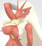  anthro areola big_breasts blaziken blue_eyes bodily_fluids breasts coodee female hi_res nintendo nipples pok&eacute;mon pok&eacute;mon_(species) simple_background solo sweat video_games white_background wide_hips 