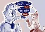  abs anthro bulge canid canine canis clothing dialogue duo fox hi_res male male/male mammal muscular nipples pubes size_difference sketch syndhart underwear wolf 
