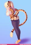  alexandra_(velocitycat) anthro big_breasts black_nose blonde_hair blue_background bottomwear breasts brown_body brown_fur butt cheetah clothing denim denim_clothing dipstick_tail dressing facial_markings felid feline female fur hair hair_over_eye head_markings hi_res huge_breasts jeans long_hair looking_back mammal markings motion_lines multicolored_body multicolored_fur multicolored_tail one_eye_obstructed panties pants plantigrade purple_eyes shadow shirt signature simple_background solo standing text topwear tsudamaku two_tone_body two_tone_fur underwear url yellow_body yellow_fur 