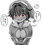  1girl ? breasts capelet cleavage commentary_request cowboy_shot from_above fur-trimmed_capelet fur_trim greyscale hair_ornament hairclip hat jingei_(kantai_collection) kantai_collection kirisawa_juuzou large_breasts long_hair monochrome red_eyes santa_hat simple_background solo spoken_question_mark spot_color translation_request 