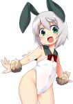  1girl adapted_costume animal_ears bangs bunny_ears cowboy_shot flat_chest green_eyes green_sailor_collar highres kantai_collection leotard nassukun playboy_bunny red_ribbon ribbon sailor_collar shimushu_(kantai_collection) short_hair silver_hair simple_background solo standing strapless strapless_leotard twitter_username white_background white_leotard wrist_cuffs 