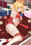 1girl absurdres ahoge ass bangs bikini blonde_hair blush box braid breasts fate/extra fate_(series) french_braid fur_trim gift gift_box green_eyes hair_between_eyes hair_bun hair_intakes high_heels highres large_breasts legs long_hair looking_at_viewer lying miniskirt nero_claudius_(fate) nero_claudius_(fate)_(all) on_side quatthro red_bikini red_skirt skirt smile swimsuit thighhighs 