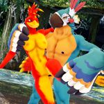  1:1 3d_(artwork) anthro anthrofied avian balls banjo-kazooie beak big_breasts bird breasts breath_of_the_wild breegull digital_media_(artwork) duo female genitals green_eyes hi_res kass_(tloz) kazooie male malicekira muscular muscular_anthro muscular_female muscular_male nintendo nipples nude penis pussy rareware rito smile the_legend_of_zelda video_games 