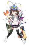  1girl alternate_costume arms_up axew bangs black_legwear brown_hair chinchou closed_eyes commentary_request dynamax_band eyelashes gen_2_pokemon gen_3_pokemon gen_5_pokemon gen_8_pokemon gloria_(pokemon) happy highres legs_apart on_head open_mouth plaid plaid_skirt pleated_skirt pokemon pokemon_(creature) pokemon_(game) pokemon_on_head pokemon_swsh purrloin q_(user_cvec4257) ribbed_sweater rookidee scorbunny shiny shiny_hair shoes short_hair skirt smile snorunt sweater teeth thighhighs tongue white_background white_footwear white_sweater 