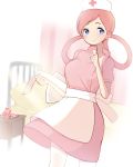  &#039;_nadja 1girl absurdres apron bed blue_eyes blurry blush closed_mouth commentary dress eyelashes hair_rings hat highres holding joy_(pokemon) long_hair nightstand nurse nurse_cap pantyhose pink_dress pink_hair pokemon pokemon_(anime) pokemon_bw_(anime) short_sleeves smile solo waist_apron white_legwear 