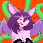  1:1 anthro big_breasts breasts canid canine chiropteran clothed clothing detailed_background english_text female fox fukkusu fur green_eyes hair hi_res hybrid hypnobazaar mammal membrane_(anatomy) membranous_wings open_mouth purple_body purple_fur purple_hair smile snout solo text vines wings 