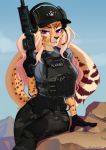  5_fingers alexandra_(velocitycat) anthro arm_support artolvrsmth belt black_nose bottomwear breasts brown_body brown_fur bulletproof_vest cheetah clothing day detailed_background english_text facial_markings felid feline female fingers fur gloves gradient_hair gun hair handwear hat head_markings headgear headphones headwear hi_res holding_gun holding_object holding_weapon long_hair looking_at_viewer mammal markings multicolored_body multicolored_fur outside pants pink_hair purple_eyes ranged_weapon rifle shirt signature sitting solo text text_on_vest topwear two_tone_body two_tone_fur vest weapon yellow_body yellow_fur 