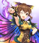  1girl ;d armpits aura bare_shoulders bow brown_eyes brown_hair butterfly_wings delthea_(fire_emblem) fang fire_emblem fire_emblem_echoes:_shadows_of_valentia fire_emblem_heroes flower hair_bow hand_on_hip kakiko210 long_hair magic one_eye_closed open_mouth outstretched_arm ponytail rose smile solo thorns upper_body wings 