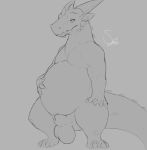  absurd_res animal_genitalia anthro back_spikes chubby_male dragon genitals hand_on_stomach hi_res horn male monochrome scafen_(artist) scafen_(character) sheath solo spiked_tail spikes spikes_(anatomy) standing 