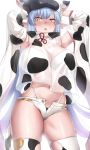  1girl animal_ears animal_print armpits arms_behind_head arms_up bangs bare_shoulders bikini blue_hair blush breasts cow_ears cow_girl cow_hat cow_horns cow_print deras detached_sleeves draph ear_piercing granblue_fantasy hat highleg highleg_bikini highres horns large_breasts long_hair looking_at_viewer micro_shorts navel open_mouth piercing pointy_ears shatola_(granblue_fantasy) sheer_clothes short_shorts shorts swimsuit thighhighs thighs white_bikini white_shorts wide_sleeves yellow_eyes 