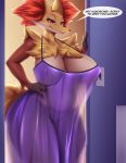 2020 alternate_version_at_source amber_eyes anthro big_breasts breasts canid clothed clothing delphox dialogue digital_media_(artwork) english_text female fur genitals hand_on_hip hi_res inner_ear_fluff mammal mleonheart multicolored_body multicolored_fur nintendo pok&eacute;mon pok&eacute;mon_(species) pussy solo speech_bubble text thick_thighs translucent translucent_clothing tuft video_games 