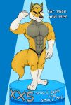  absurd_res advertisement anthro blake bulge canid canine canis clothing commercial confident cup english_text hi_res jockstrap male mammal muscular muscular_anthro muscular_male neenya podium small_penis_appreciation solo sportswear text underwear wolf 