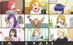  6+girls alcohol arablue ayase_eli beer blonde_hair blue_hair blush clothes_hanger drunk everyone eyebrows_visible_through_hair food hair_down highres hoshizora_rin jewelry koizumi_hanayo kousaka_honoka love_live! love_live!_school_idol_project minami_kotori multiple_girls necklace nishikino_maki older one_eye_closed onigiri poster_(object) purple_eyes red_eyes red_hair sake sleeping smile sonoda_umi steam strong_zero toujou_nozomi vodka wine yazawa_nico zoom_chat 