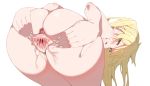  1girl anus ass bar_censor bent_over blonde_hair blush censored green_eyes highres kz_oji long_hair looking_at_viewer nude open_mouth original pussy pussy_juice simple_background solo spread_pussy sweat white_background 