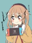  1girl beige_sweater brown_eyes green_background handheld_game_console heterochromia holding holding_handheld_game_console kantai_collection light_brown_hair long_hair multicolored multicolored_nails murasame_(kantai_collection) nail_polish nintendo_switch red_eyes remodel_(kantai_collection) ren_kun sailor_collar simple_background solo translation_request two_side_up upper_body white_sailor_collar 