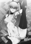 1girl animal_ears blush bow bowtie breasts bunny_ears c.c. censored closed_mouth code_geass dollar_bill highres jcm2 long_hair looking_at_viewer medium_breasts money monochrome navel nipples pussy shiny shiny_skin smile spread_legs stripper_pole sweat thighhighs wrist_cuffs 