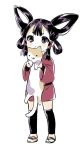  1girl animal belt black_belt black_eyes black_hair brown_cat cat child commentary dot_nose dress expressionless eyebrows_behind_hair hair_tubes holding holding_animal holding_cat leg_warmers looking_to_the_side namori no_socks red_dress sakuna-hime sandals sidelocks simple_background staring symbol_commentary tensui_no_sakuna-hime thighhighs white_background white_cat zettai_ryouiki 