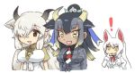  ! 3girls :d animal_ears arms_at_sides bangs black_hair black_shirt blonde_hair breast_pocket breasts broken_horn brown_eyes chibi chin_stroking cow_ears cow_girl cow_horns crown eyebrows_visible_through_hair fox_ears fox_girl goshingyu-sama_(kemono_friends) grey_hair grey_jacket hair_over_one_eye hand_on_hip hand_on_own_chin horns idea jacket kemono_friends kemono_friends_3 long_hair long_sleeves looking_at_another multicolored_hair multiple_girls neck_ribbon necktie oinari-sama_(kemono_friends) open_mouth ox_ears ox_girl ox_horns parted_bangs pocket ribbon sakuragi_rian shirt short_sleeves side-by-side sidelocks simple_background smile upper_body v-shaped_eyebrows very_long_hair white_background white_hair yak_(kemono_friends) yellow_eyes yellow_shirt 