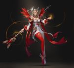  1girl absurdres blonde_hair breasts cleavage cuchi detached_sleeves dress fantasy fire floating head_wings highres holding holding_staff long_hair looking_at_viewer medium_breasts mini_wings original parted_lips red_eyes red_legwear red_wings single_legging solo staff white_dress wings 