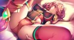  1girl ass bangs blush breasts chest_jewel covered_navel crotch earrings highres jewelry large_breasts looking_at_viewer lying m_legs navel on_back parted_lips pyra_(xenoblade) red_eyes red_hair red_legwear red_shorts ryuji_(ikeriu) short_hair short_shorts shorts sidelocks smile solo spread_legs swept_bangs thighhighs thighs tiara xenoblade_chronicles_(series) xenoblade_chronicles_2 