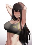  1girl armpits arms_behind_head arms_up bare_arms bare_shoulders black_hair blush breasts brown_eyes cero_(last2stage) cleavage collarbone commission crop_top girls_frontline gradient gradient_background groin highres large_breasts long_hair looking_at_viewer m4a1_(girls_frontline) midriff navel nose_blush shirt sleeveless sleeveless_shirt smile solo sports_bra steam stomach sweat taut_clothes upper_body very_long_hair white_background 