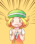  1girl bianca_(pokemon) blonde_hair breasts clenched_hands commentary_request emphasis_lines frown green_headwear lowres pokemon pokemon_(game) pokemon_bw short_sleeves simple_background small_breasts solo toge_nbo upper_body yellow_background 