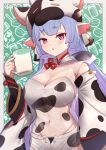  1girl :o animal_costume animal_ears animal_print bangs bikini blue_hair blunt_bangs breasts cleavage commentary_request cow_costume cow_ears cow_hat cow_horns cow_print cowboy_shot cup detached_collar detached_sleeves draph ear_piercing eyebrows_visible_through_hair granblue_fantasy green_background hair_between_eyes hat highleg highleg_bikini highres holding holding_cup hood hood_down horns large_breasts long_hair looking_at_viewer micro_shorts midriff milk navel open_fly piercing pink_eyes pointy_ears shatola_(granblue_fantasy) sheer_clothes shorts sidelocks solo standing strapless strapless_bikini swimsuit uneg white_bikini white_shorts white_sleeves wide_sleeves 