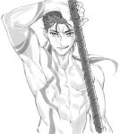  1boy abs arm_up armpits bodypaint closed_mouth cu_chulainn_(fate)_(all) earrings fang fate/stay_night fate_(series) grin holding holding_polearm holding_weapon jewelry lancer long_hair male_focus monochrome muscle navel polearm ponytail shirtless simple_background slit_pupils smile solo spiked_hair type-moon uni_(nico02) weapon white_background 