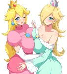  2girls :d aikometsu aqua_eyes bare_shoulders blonde_hair blue_eyes blush breast_press breasts brooch cleavage crown dress earrings elbow_gloves gloves hair_over_one_eye highres holding_hands hug interlocked_fingers jewelry large_breasts long_hair mario_(series) multiple_girls off-shoulder_dress off_shoulder one_eye_closed open_mouth princess_peach puffy_short_sleeves puffy_sleeves rosalina short_sleeves simple_background smile symmetrical_docking very_long_hair white_background white_gloves 