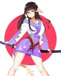  1girl au_ra bangs black_hair blunt_bangs commentary commission contrapposto english_commentary final_fantasy final_fantasy_xiv halphelt head_tilt hime_cut holding holding_sword holding_weapon horns japanese_clothes katana kimono legs_apart long_hair long_sleeves looking_at_viewer one_eye_closed purple_eyes purple_kimono scabbard scales sheath short_kimono smile solo sword unsheathing weapon 