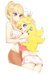  2girls ass blonde_hair blue_eyes blush boyshort_panties bra breasts commentary commission crown dolphin_shorts english_commentary halphelt head_on_chest heart heart_print hug long_hair mario_(series) metroid micro_shorts mole multiple_girls navel one_eye_closed panties peach_print ponytail princess_peach samus_aran shorts sideboob smile super_smash_bros. underwear yuri 