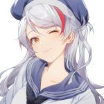  1girl ;) azur_lane bangs black_neckwear blue_headwear blue_sailor_collar brown_eyes closed_mouth collarbone commentary_request eyebrows_visible_through_hair hair_between_eyes hat head_tilt highres long_hair looking_at_viewer multicolored_hair neckerchief one_eye_closed prinz_eugen_(azur_lane) red_hair sailor_collar sailor_hat shinidei shiny shiny_hair shirt silver_hair simple_background smile solo streaked_hair swept_bangs upper_body white_background white_shirt 