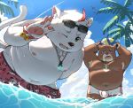  2020 anthro belly blush brown_body brown_fur bulge clothing detailed_background duo felid feline fur kemono male mammal moobs morian_xs nipples one_eye_closed outside overweight overweight_male swimwear water white_body white_fur wink 