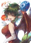  1girl :d bare_shoulders breasts breathing_fire commentary draco_centauros dragon_girl dragon_horns dragon_tail dragon_wings dress elbow_gloves eyebrows_visible_through_hair fang fire gao gloves green_hair highres horns large_breasts open_mouth pointy_ears puyo_(puyopuyo) puyopuyo red_dress short_hair skin_fang smile tail upper_body white_gloves wings yellow_eyes yue_(lov_n_n) 