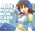  1girl :d blue_background blue_bandana blue_gloves blue_legwear blue_shirt blue_theme blush breasts brown_eyes brown_hair character_name commentary copyright_name fingerless_gloves gloves hair_between_eyes happy large_breasts looking_at_viewer mint_(pokemon) open_mouth pokemon pokemon_trading_card_game pokemon_trading_card_game_(game) shirt simple_background sitting smile thighhighs toge_nbo waving 